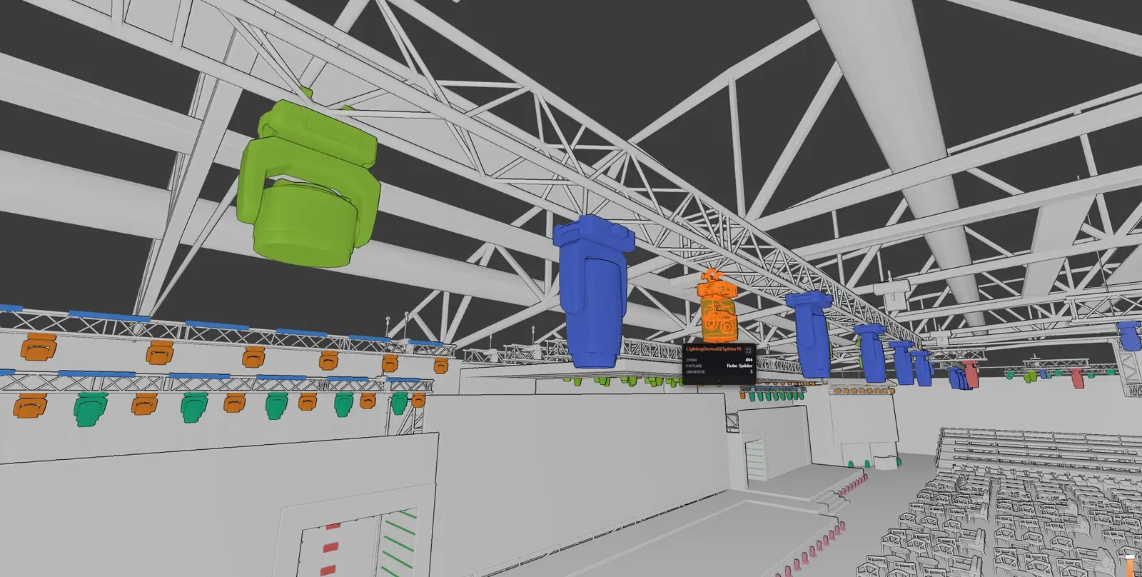 Lighting fixtures colour-coded by DMX universe, with a fixture data popup