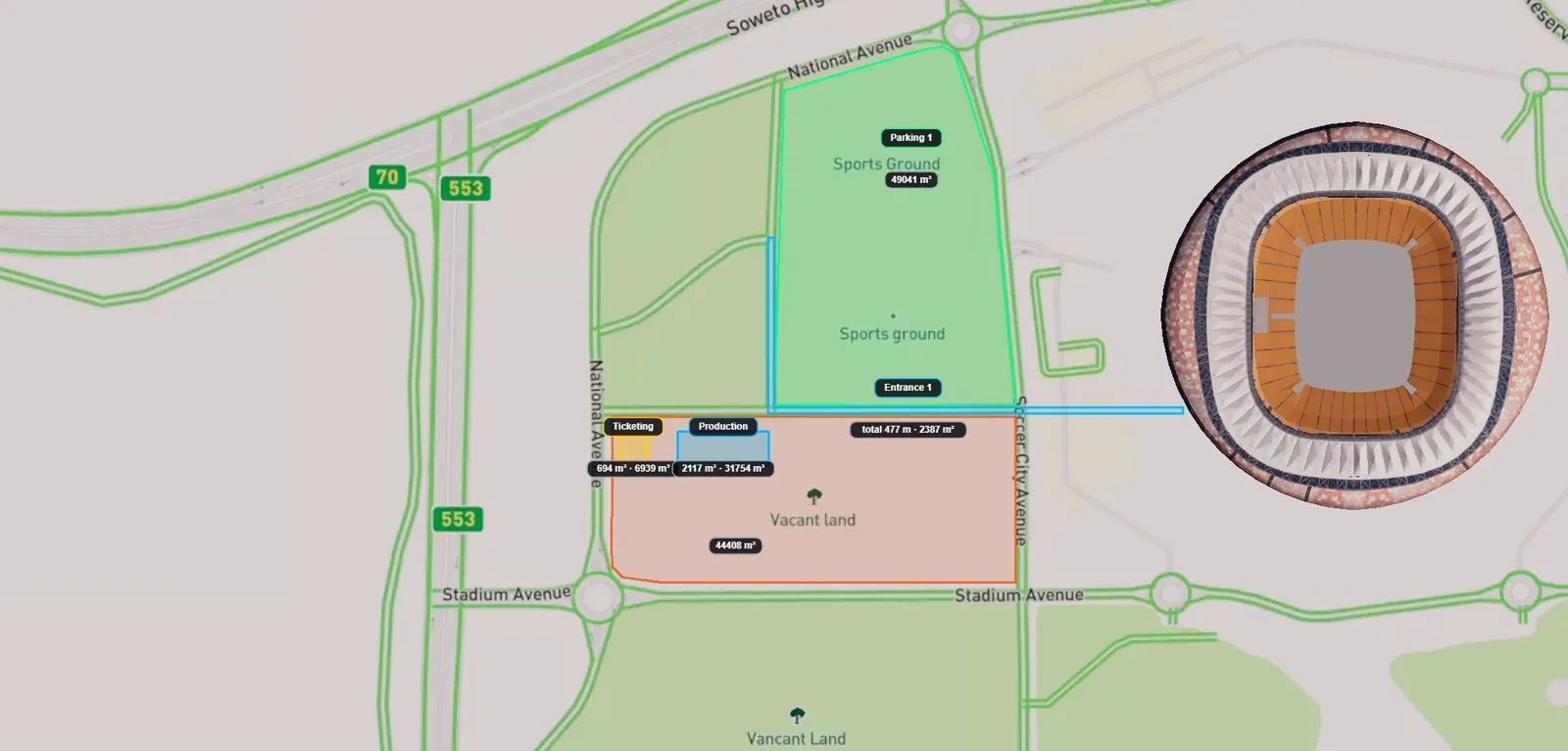 Festival site plan at FNB Stadium: parking, entrance, ticketing and production zones with measured areas — Light streets