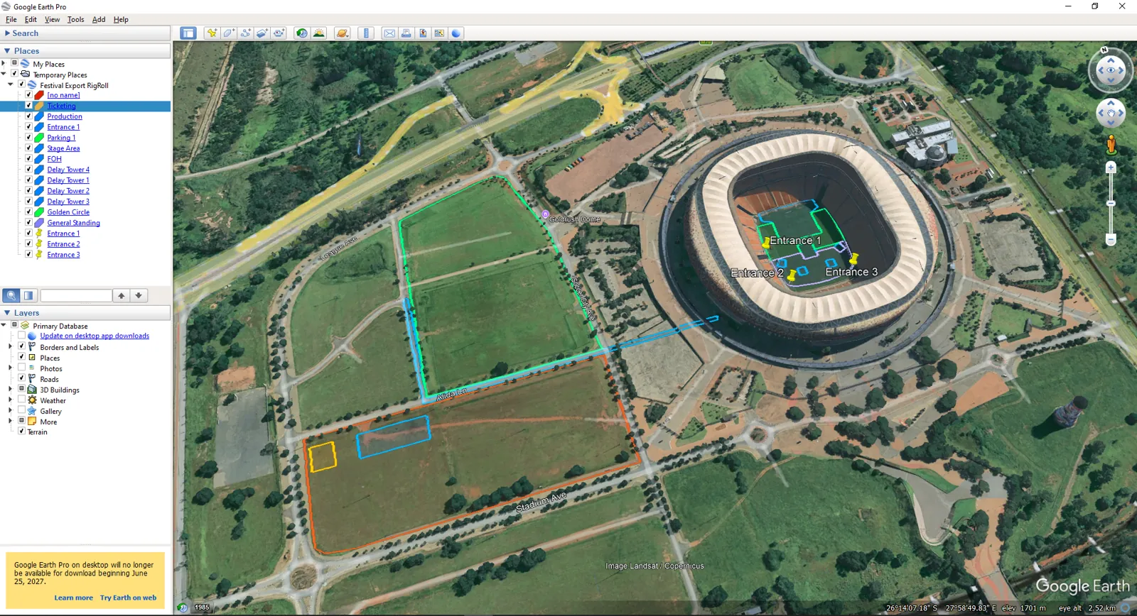The same site plan exported from RigRoll and opened in Google Earth Pro, every zone listed by name