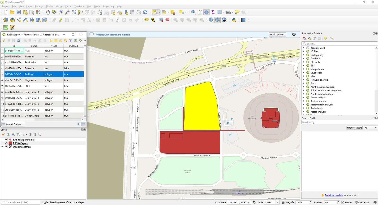 The same site plan opened in QGIS with the attribute table showing each zone and its data